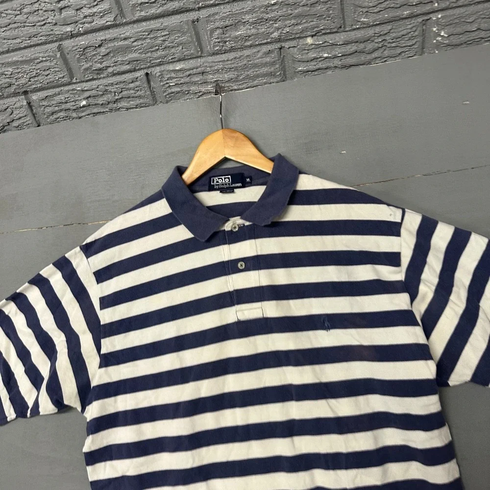 Polo Ralph Lauren Mens XL Striped Polo Shirt Navy Blue White Short Sleeve Cotton